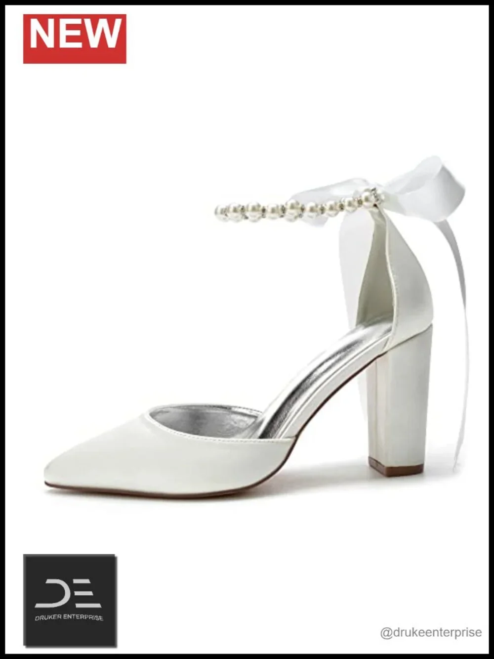 Women's Pointed Toe Chunky Heels Satin Pearls Block Heel Pumps Bridal Dressy